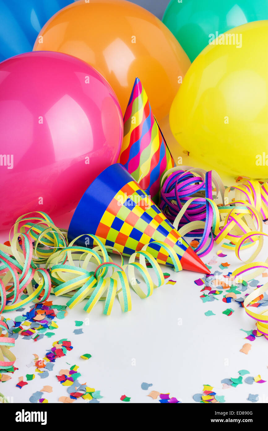Balloons, streamers, confetti and party hats Stock Photo Alamy