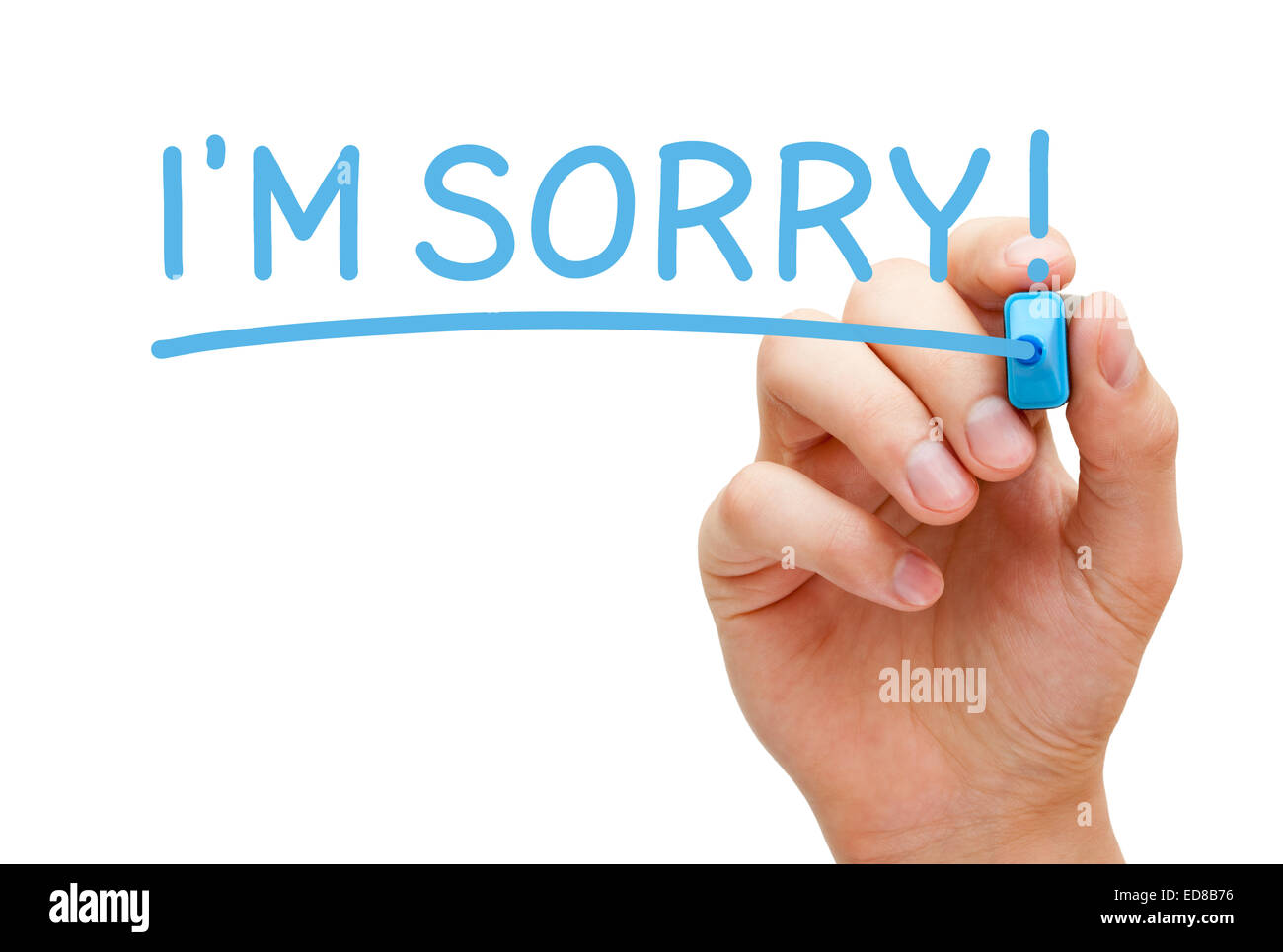 Hand writing I'm Sorry with blue marker on transparent wipe board isolated on white. Stock Photo