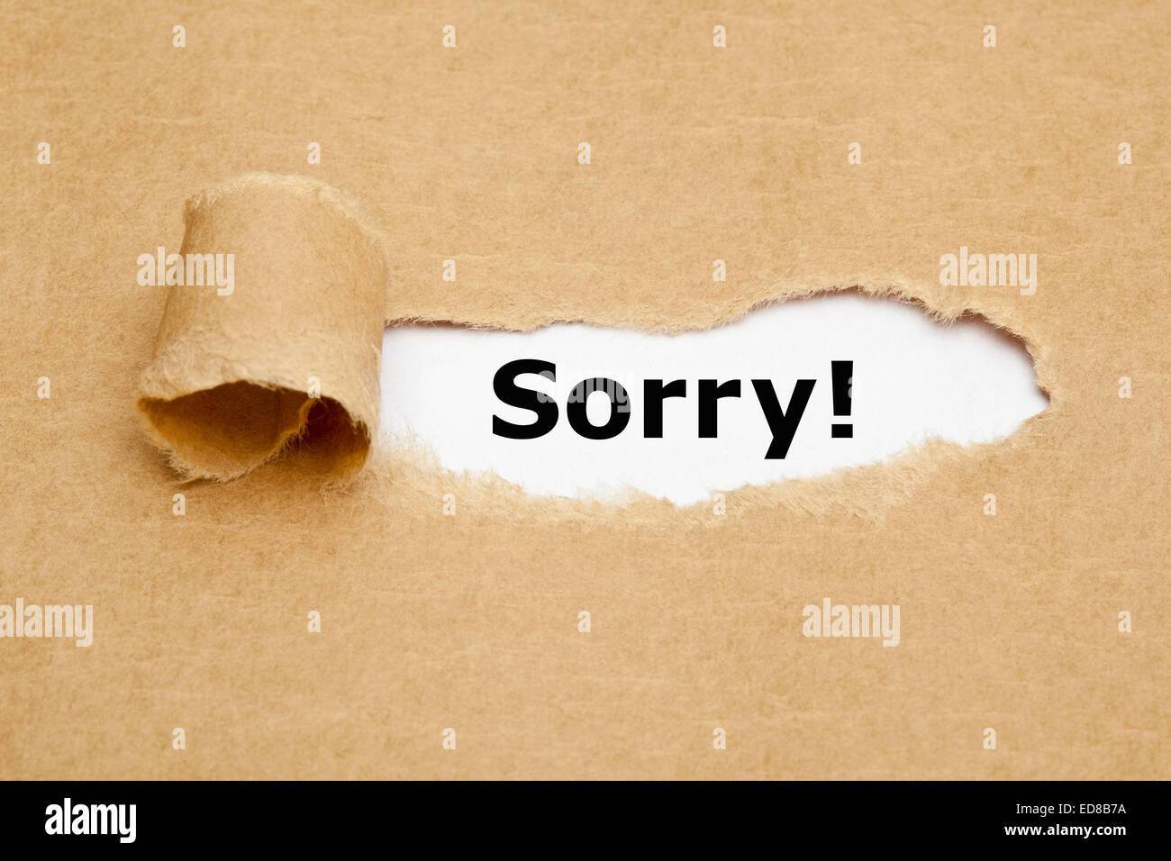 The word Sorry appearing behind torn brown paper. Stock Photo