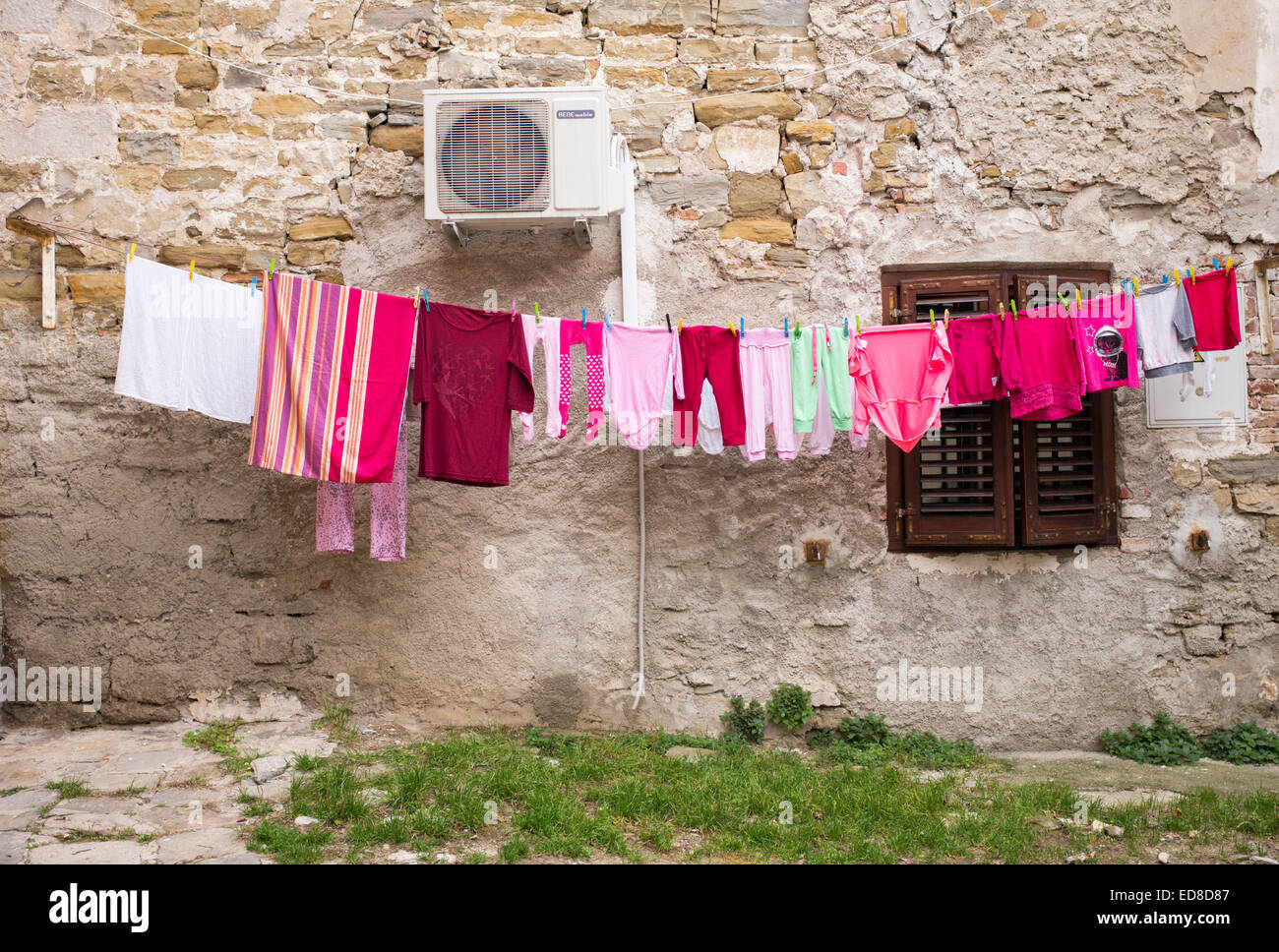 Clothes on a driying line in Piran Slovenia Stock Photo