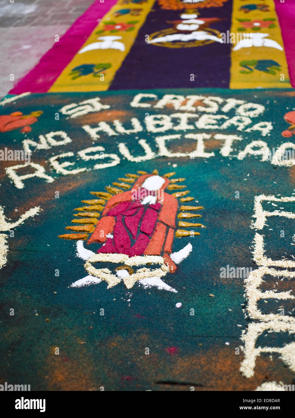 Flower carpet during Semana Santa (Holy Week) in Antigua, Guatemala. Stock Photo