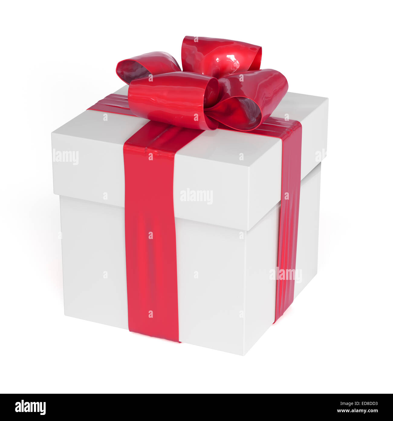 White gift box with red ribbon bow, isolated on white Stock Photo