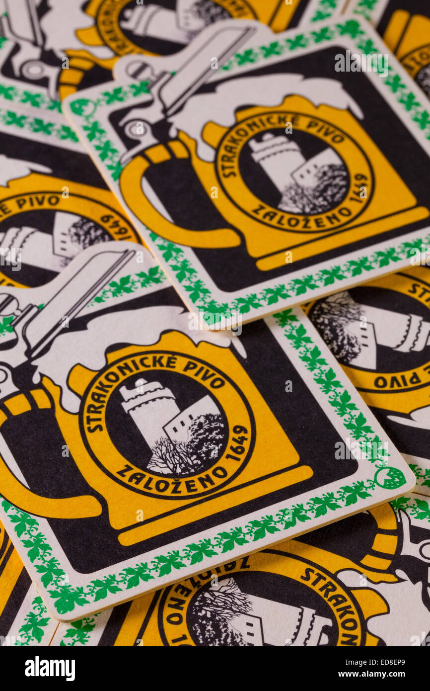 Brno,Czech Republic-August 1,2014:Beermats from Strakonice beer.The Strakonice Burghers Brewery is the last brewery in the Czech Stock Photo