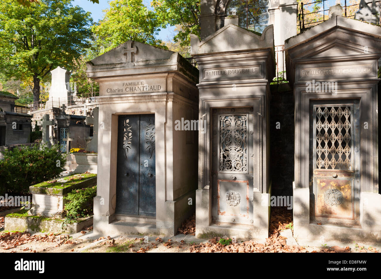 Père Lachaise Cemetery (Cimetière du Père-Lachaise) in autumn - mausoleums (family tombs) Stock Photo