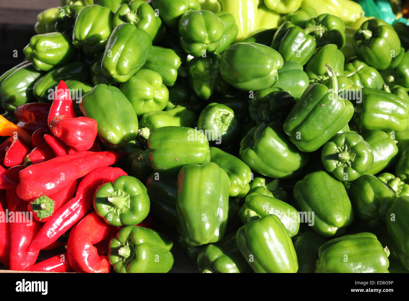 A collection of red and green peppers on a Greek Market stall Stock Photo