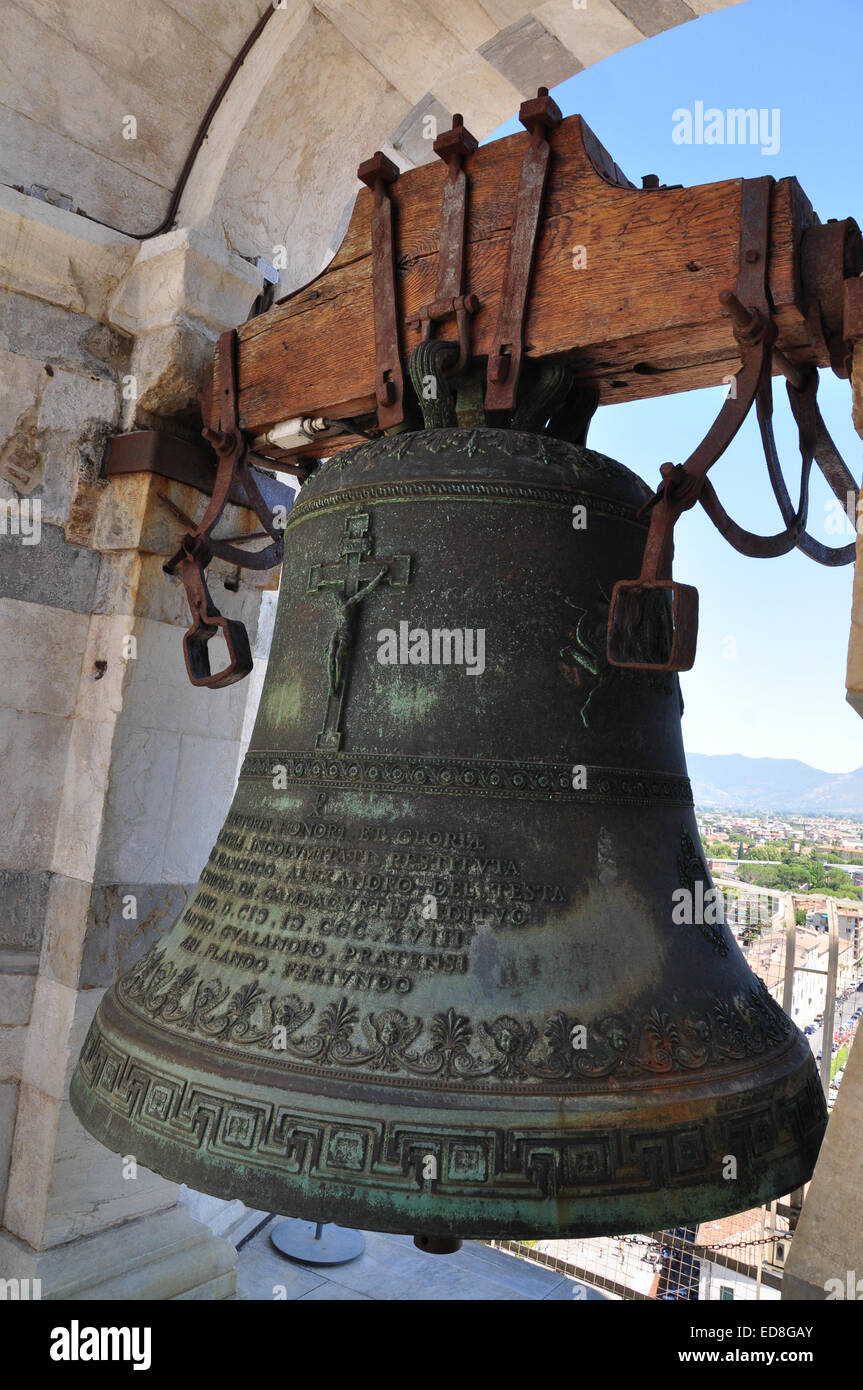 One of the seven medieval bells at the top of the leaning tower of Pisa, Italy. Stock Photo