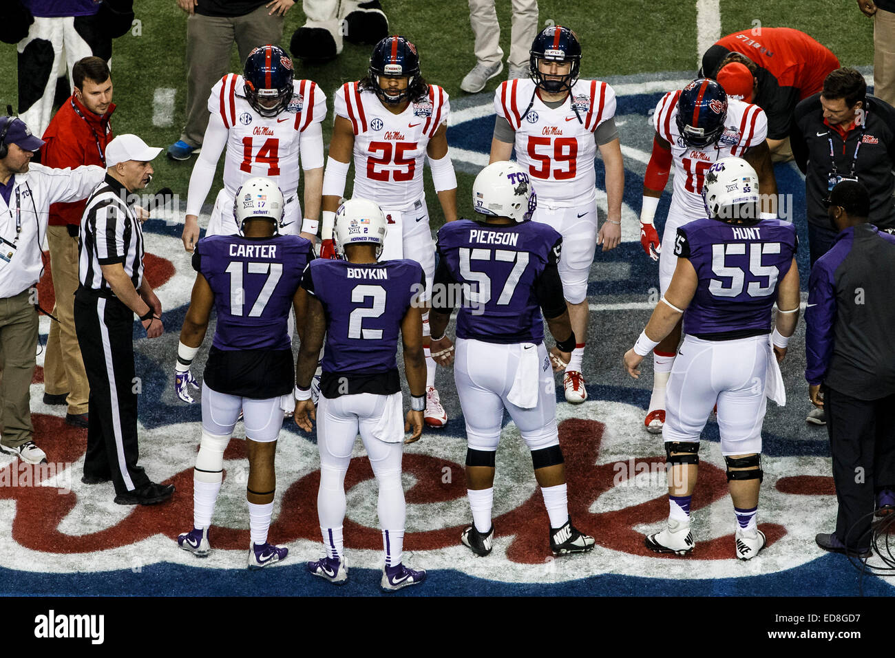 December 31, 2104: TCU Horned Frogs center Joey Hunt (55) during the  Chick-fil-A Peach Bowl game between the TCU Horned Frogs and the Ole Miss  Rebels at the Georgia Dome in Atlanta