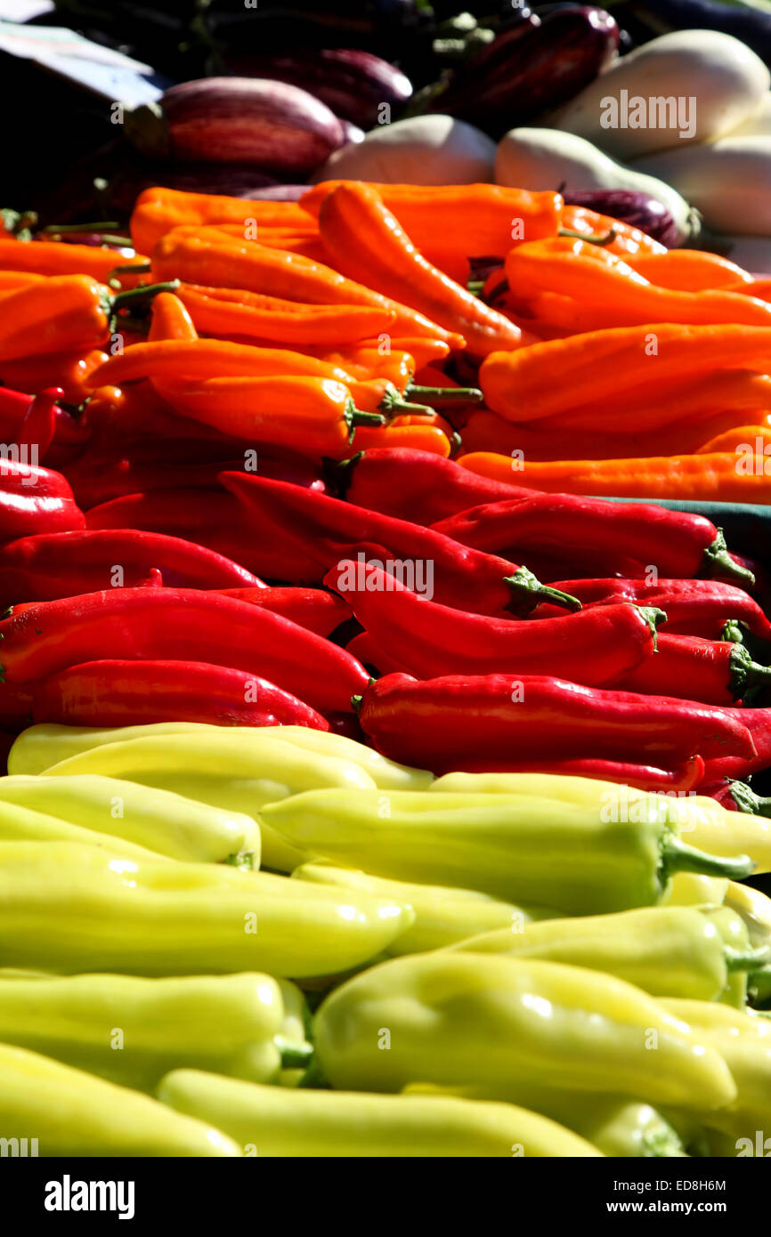 Brightly coloured sweet peppers adorn the Christmas market stall in Crete, orange, red and lime green Stock Photo