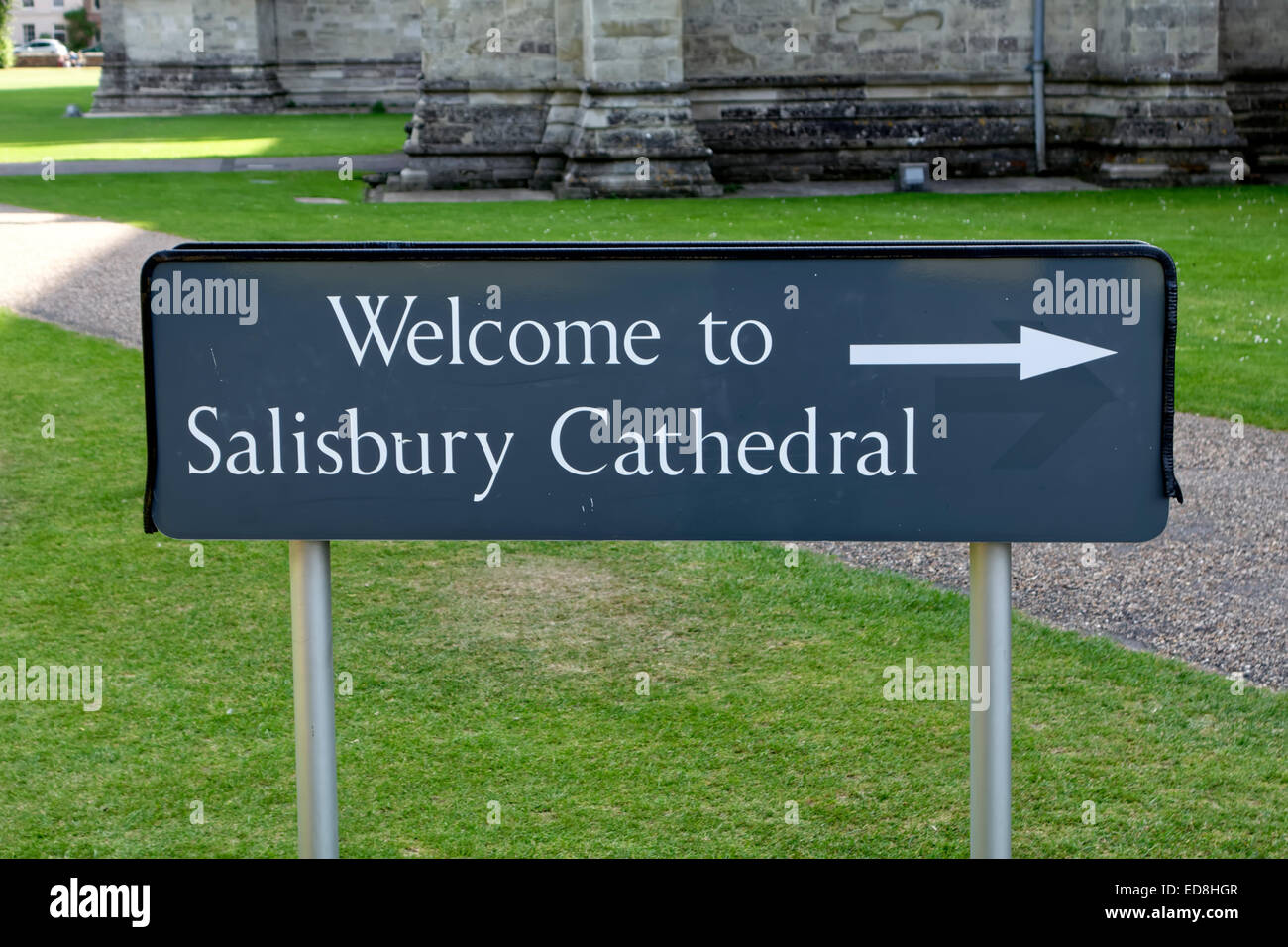 Welcome to Salisbury Cathedral Sign, Wiltshire, United Kingdom. Stock Photo