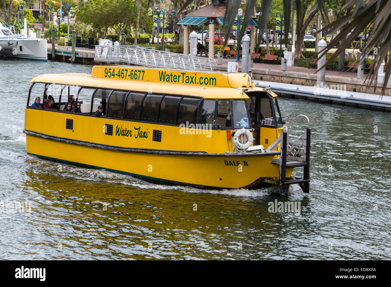 Ft. Lauderdale, Florida.  Glass-enclosed Water Taxi on the New River. Stock Photo