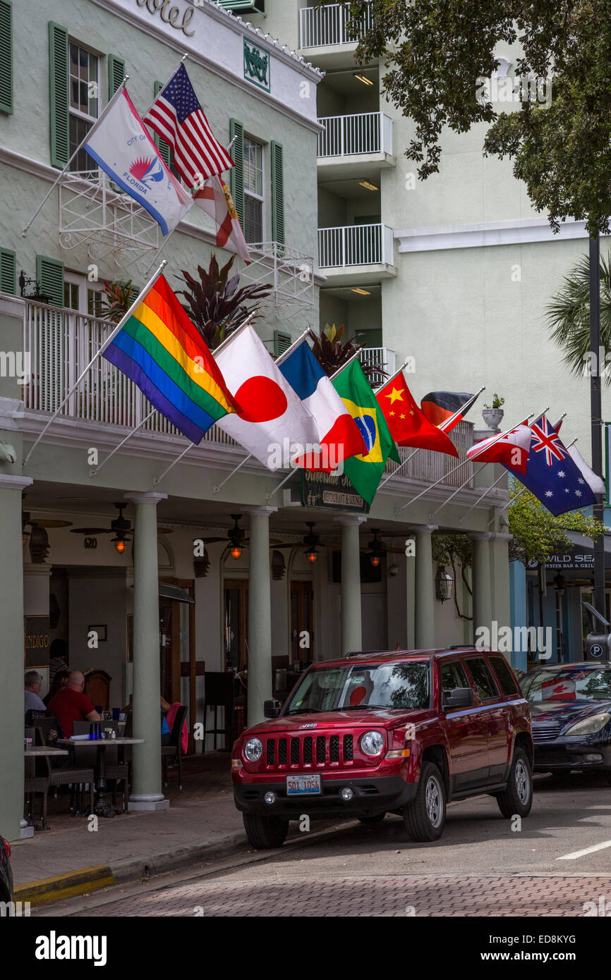 Ft. Lauderdale, Florida.  Riverside Hotel and Flags, including Gay Pride Flag.  E. Las Olas Blvd. Stock Photo