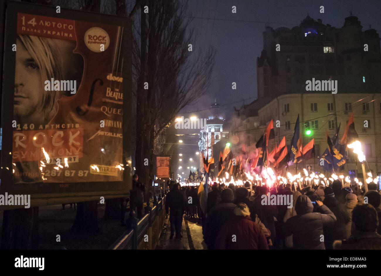 Kiev, January 1, 2015. The torchlight procession in honor of the birthday of Stepan Bandera was held in the city center. It was attended by about four thousand people. 1st Jan, 2015. more than two times less than a year ago. In the march was attended by two parties - ''Freedom'' and recognized in the Russia extremist ''Right sector. © Igor Golovniov/ZUMA Wire/Alamy Live News Stock Photo