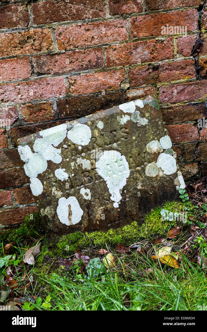 Memorial stone covered in lichen in the Quaker burial ground, Coalbrookdale, Ironbridge, Shropshire, UK Stock Photo