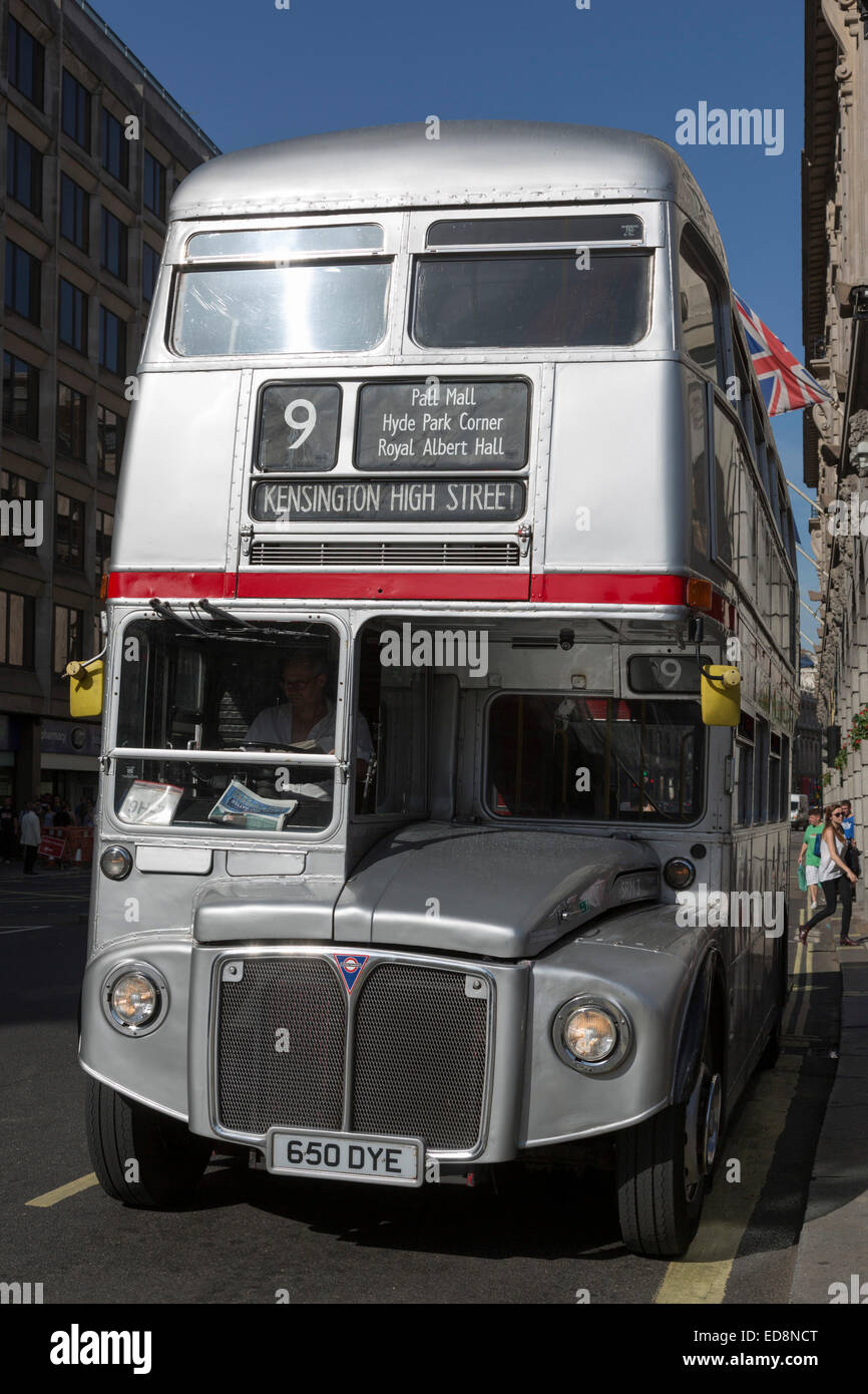 A silver-coloured Routemaster bus, Route No. 9, in Piccadilly, London Stock Photo
