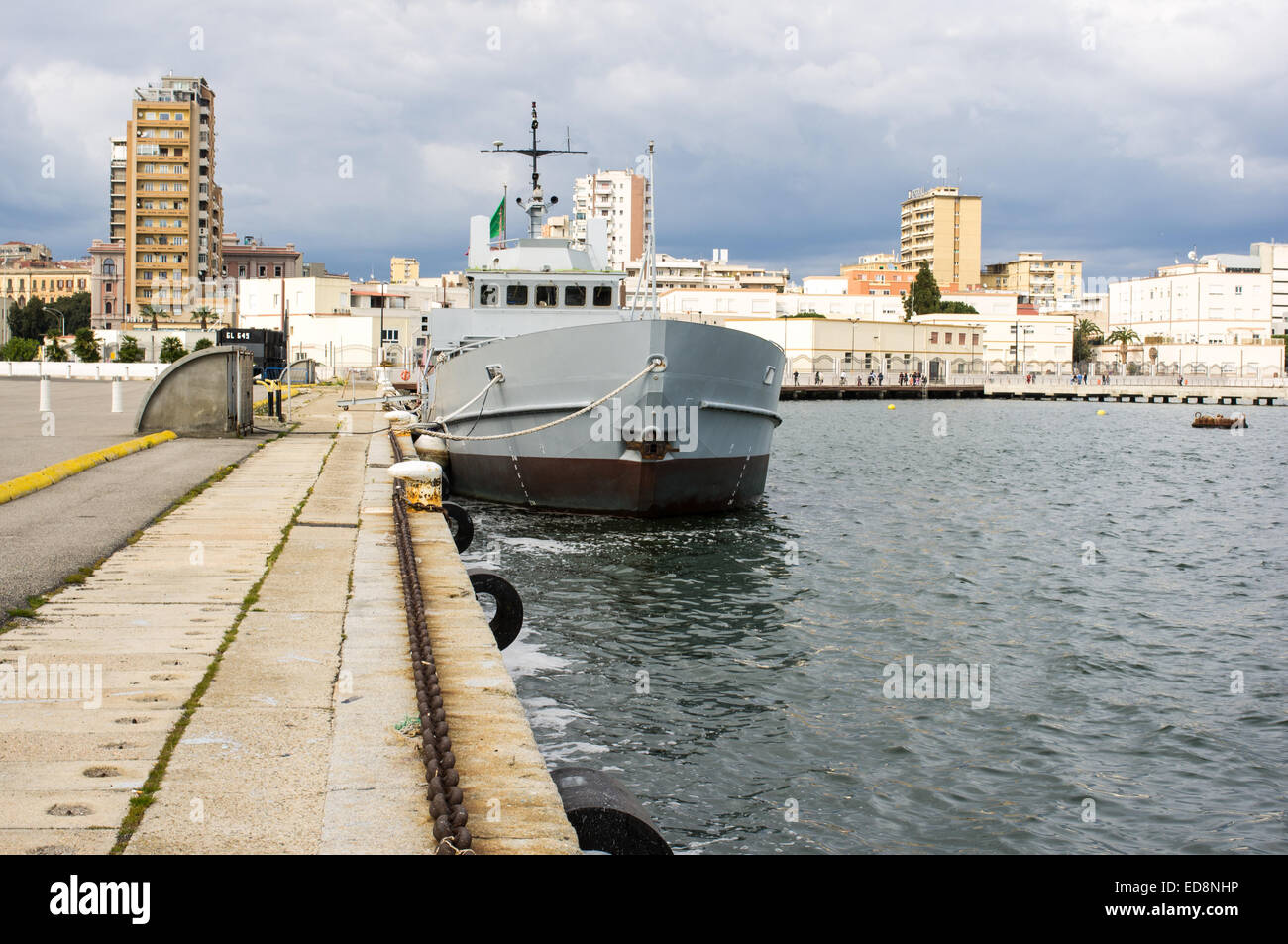 Italian navy ship on the quay at the port of Cagliari Stock Photo