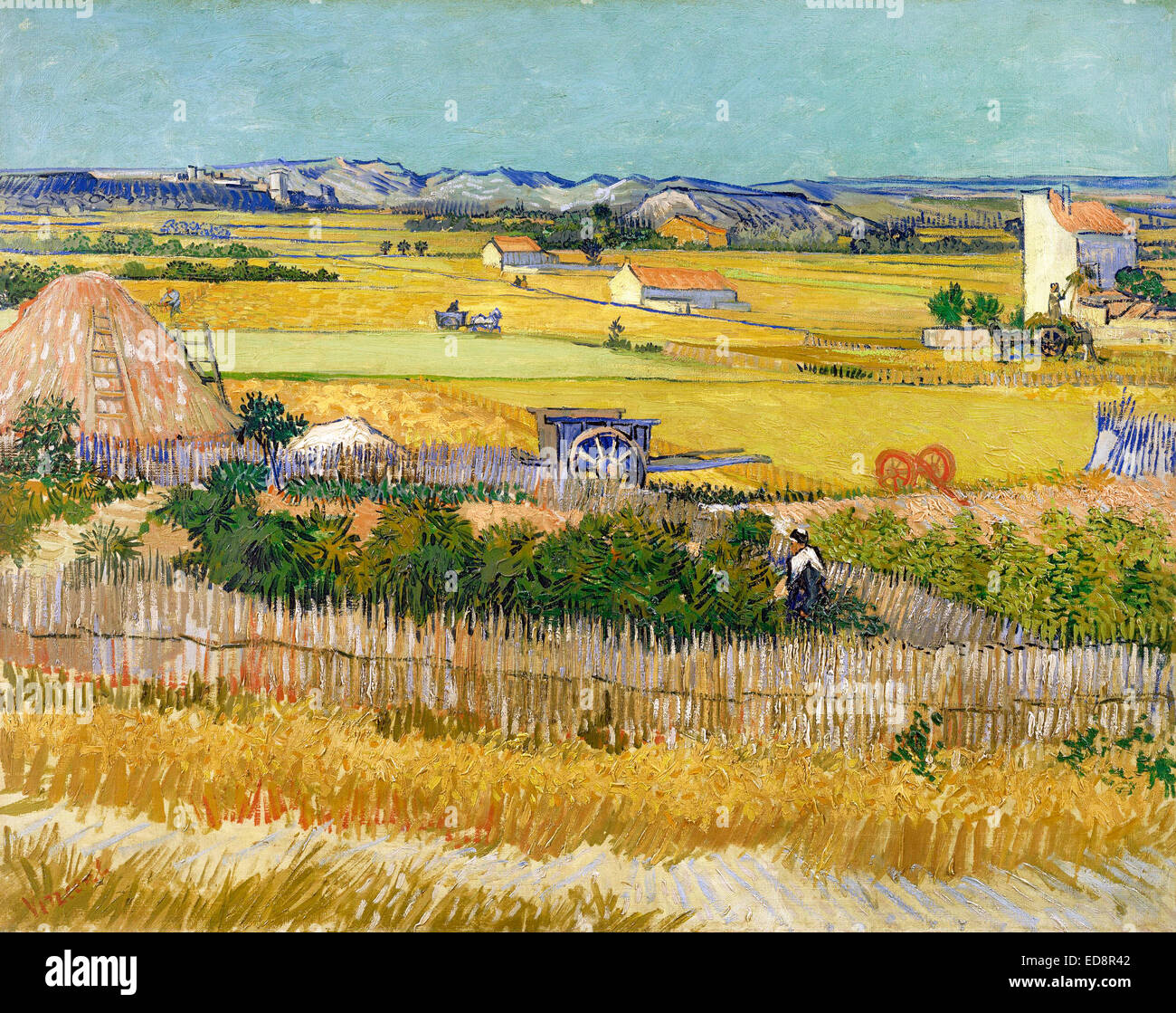 Vincent van Gogh, Harvest at La Crau, with Montmajour in the Background. 1888. Post-Impressionism. Oil on canvas. Stock Photo