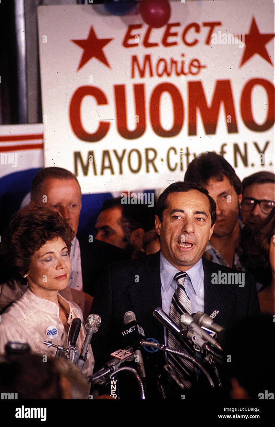 File. 1st Jan, 2015. Former New York Gov. MARIO CUOMO (June 15, 1932 - January 1, 2015) died today at 82. Mario Cuomo had been hospitalized recently to treat a heart condition. He passed away at home, shortly before 5 p.m. ET. The Democrat was governor for three terms, from 1983 to 1995. He was married to his wife, Matilda, for more than six decades. They had five children, including current New York Gov. Andrew Cuomo, who was sworn in for his second term today. Pictured - 1977 - New York, New York, U.S. - Mario Cuomo campaigns for Mayor. Credit Image: © Globe Photos/ZUMAPRESS.com) Stock Photo