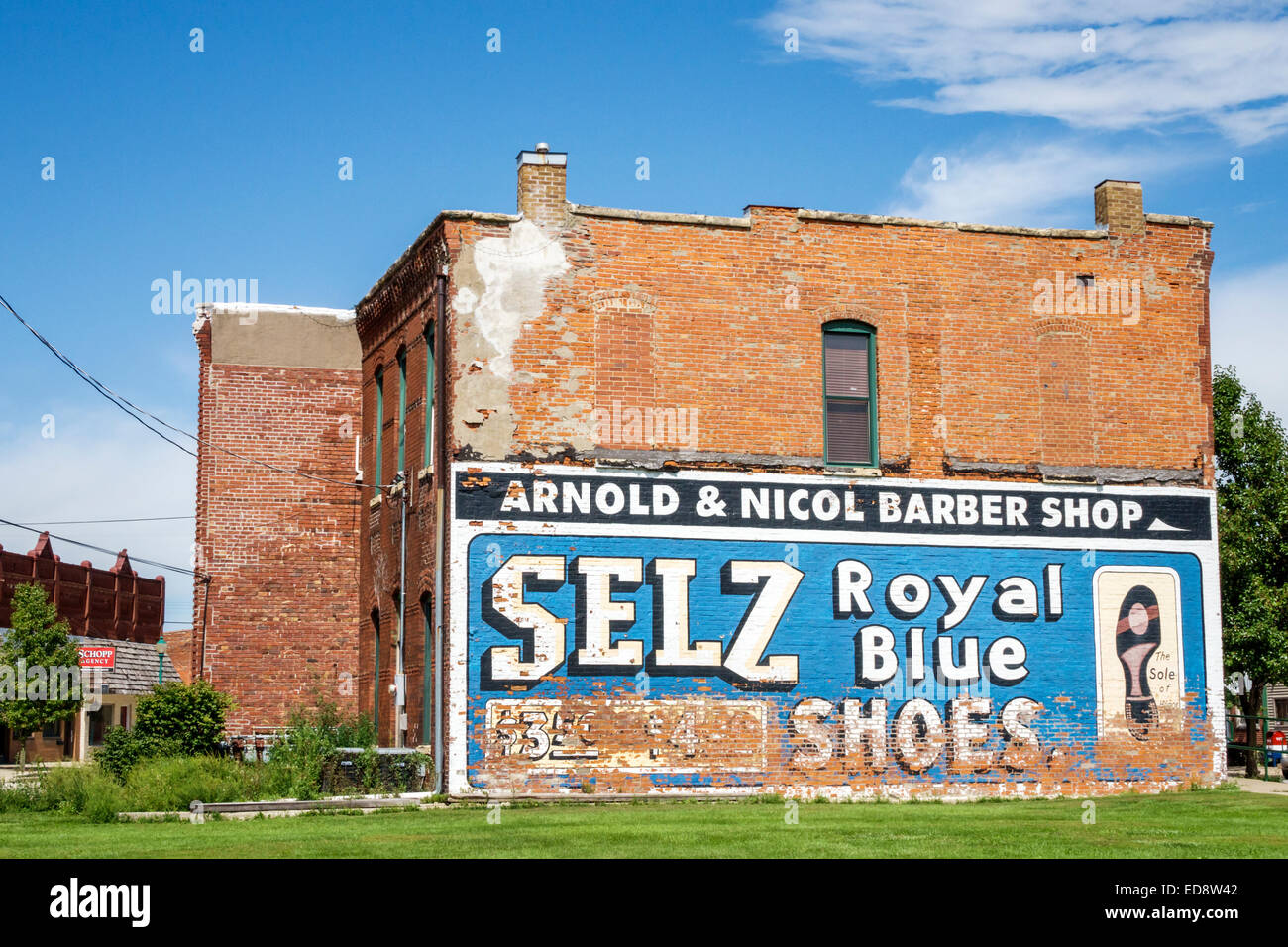 Illinois Chenoa,historic highway Route 66,US 66,highway,Selz Royal Blue Shoes Mural,outdoor ad,advertising,building,exterior,red brick,IL140909012 Stock Photo