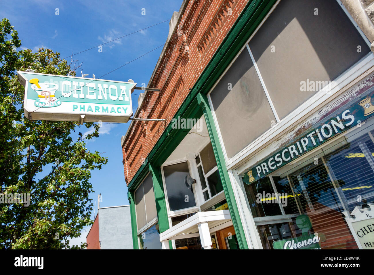 Illinois Chenoa,historic highway Route 66,US 66,highway,landmark,historic building,Chenoa Pharmacy,Schuirman’s Drug Store,1889,exterior,sign,prescript Stock Photo