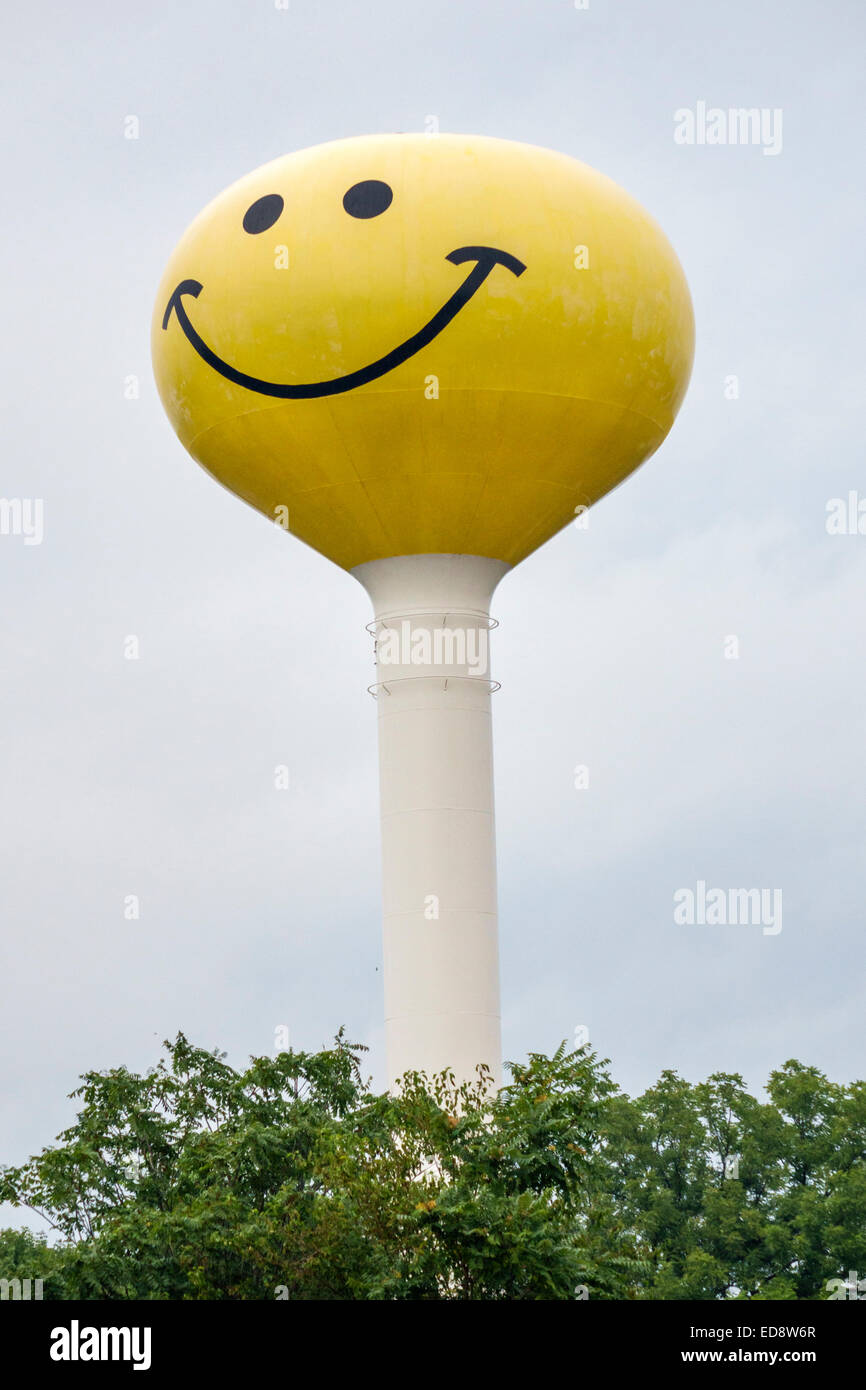 Illinois Atlanta,smiley face,Emoji,water tower,cloudy,humor,humorous,humour,IL140909043 Stock Photo