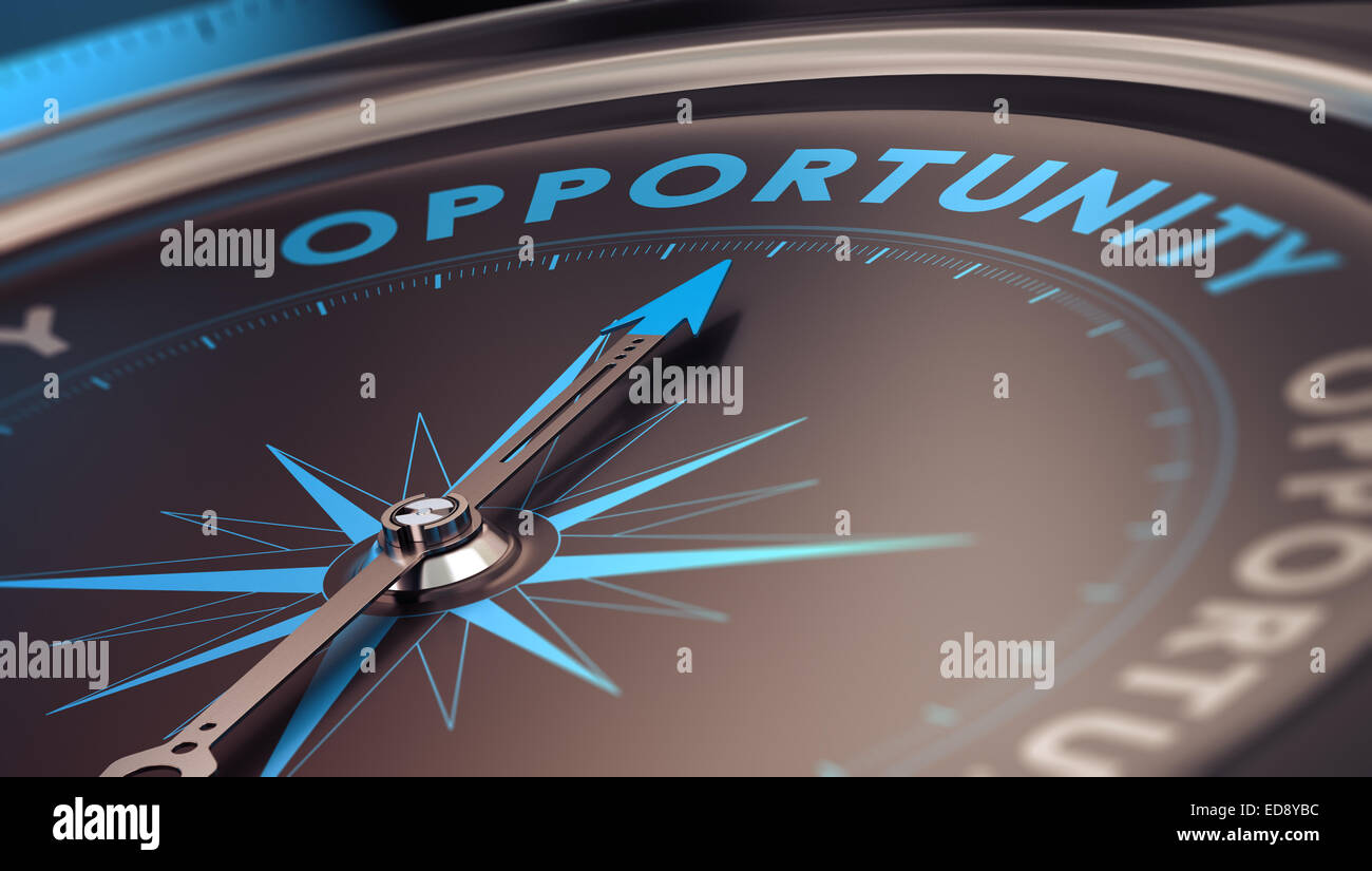 Compass with needle pointing the word opportunity, concept image to illustrate business opportunities and strategy. Stock Photo
