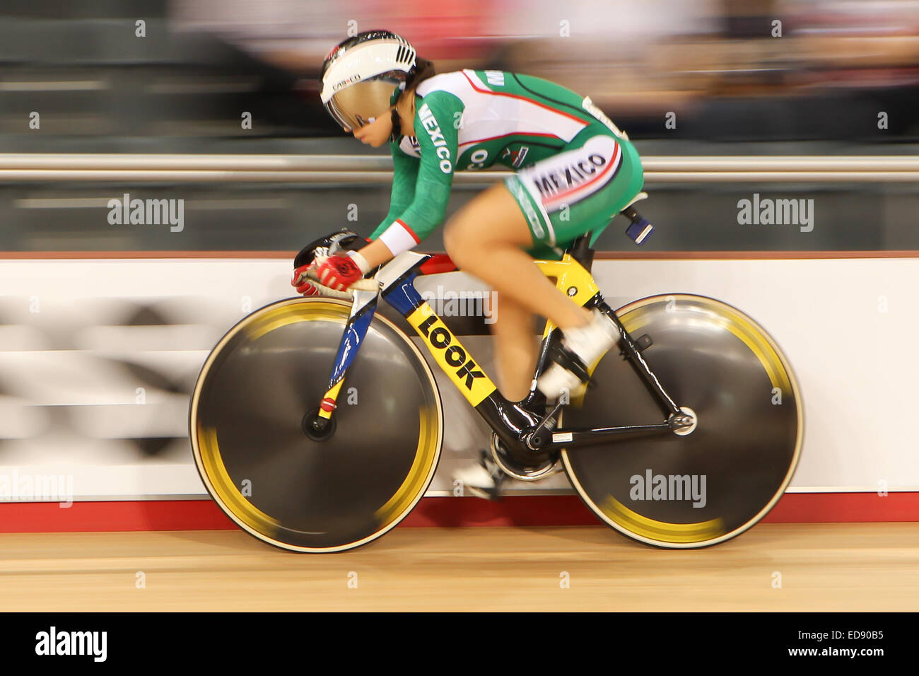 Franny Maria Fong Echevarria of Mexico takes part in the Women's Sprint during Day Two of the Track Cycling World Cup at The Lee Valley Velopark in Stratford, London. Decemeber 6th, 2014. Robbie Stephenson / Telephoto Images Stock Photo