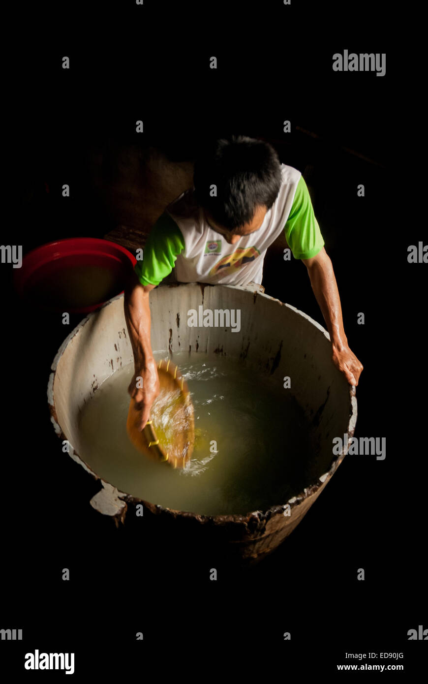 A worker stirring up water in a wooden barrel in which mung beans are submerged at a home industry of bean sprouts production in Jakarta, Indonesia. Stock Photo