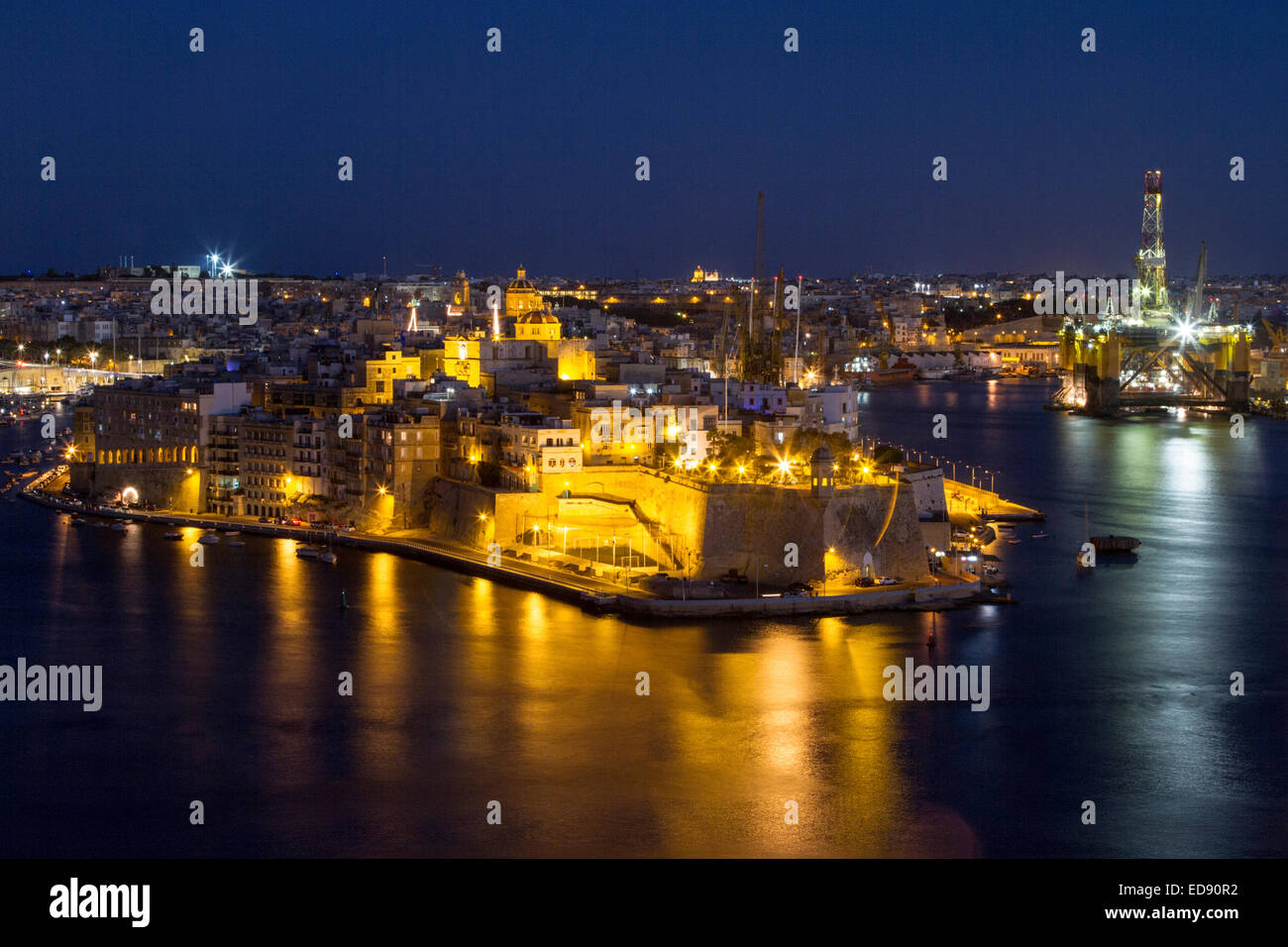 Nightime photograph of Valletta Harbour Malta Stock Photo