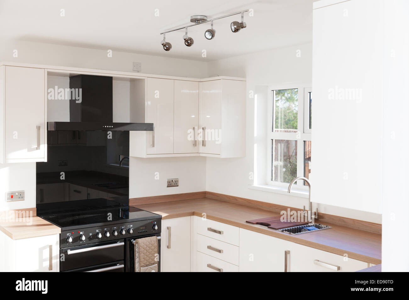 Kitchen interior with wooden worktops shot Stock Photo