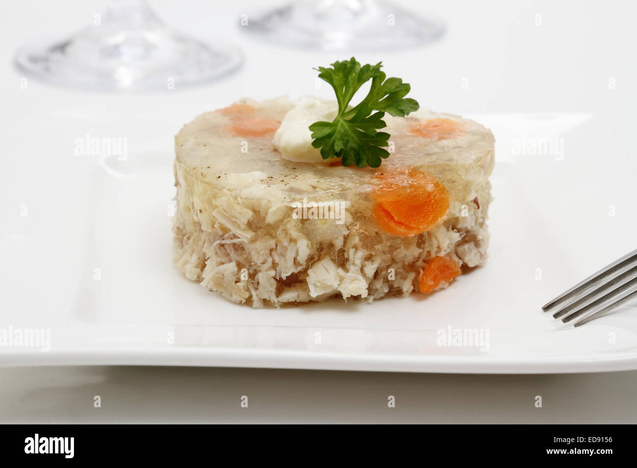 Aspic of chicken with carrots in form of heart, close up Stock Photo