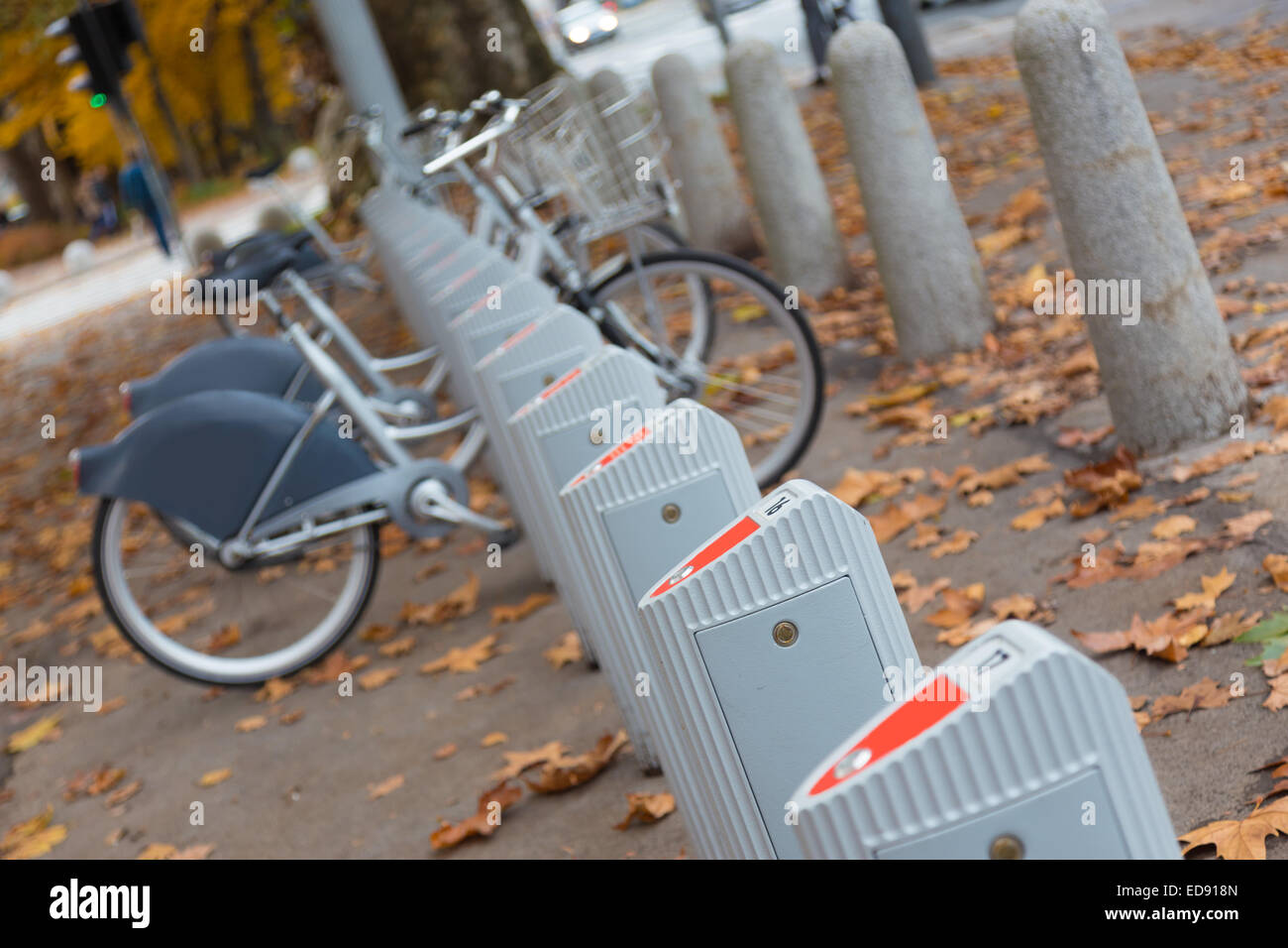 Station of urban bicycles for rent Stock Photo