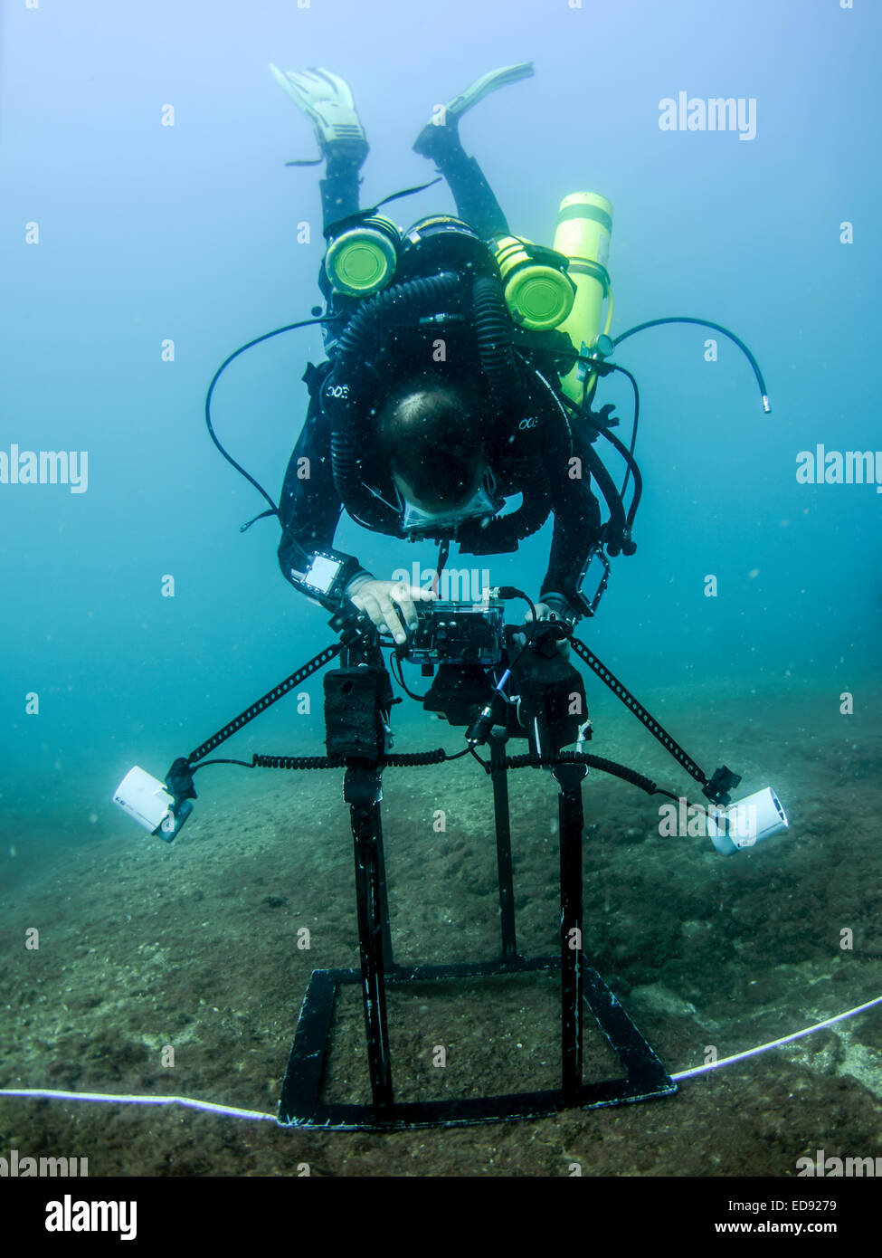 professional Scuba diver perform an underwater survey of the Mediterranean seabed Stock Photo