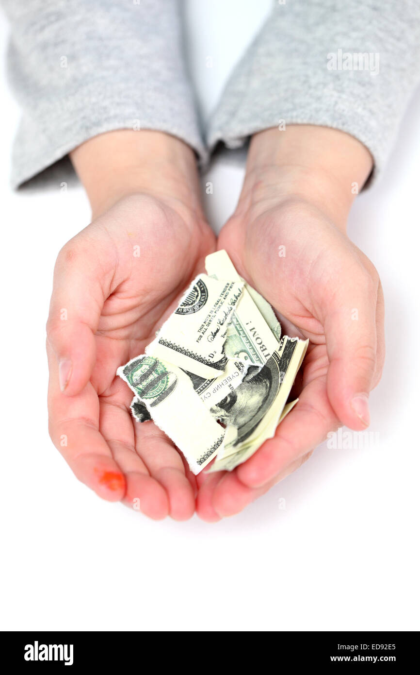 torn a hundred dollar bill on the palms Stock Photo
