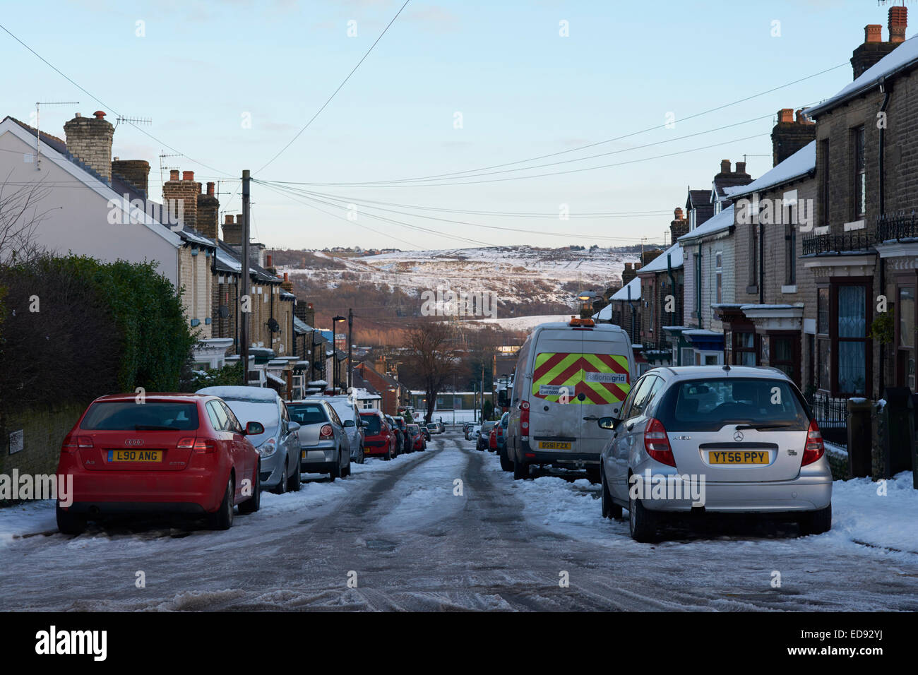 Dorothy Road snow covered roads in the City of Sheffield, England, UK