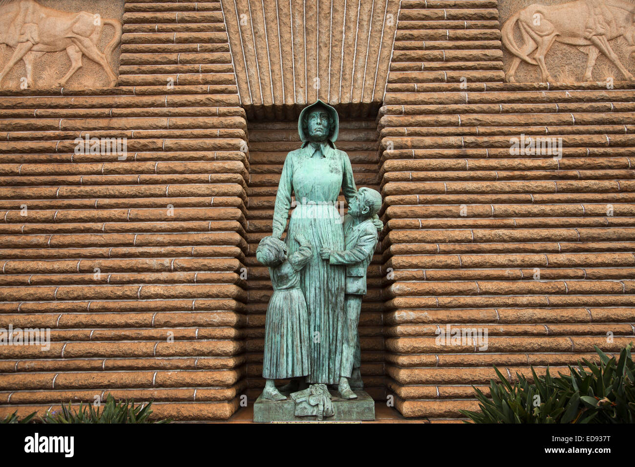 statue of Voortrekker woman and children by Anton van Wouw at the Voortrekker Monument in Pretoria, Gauteng, South Africa, Stock Photo