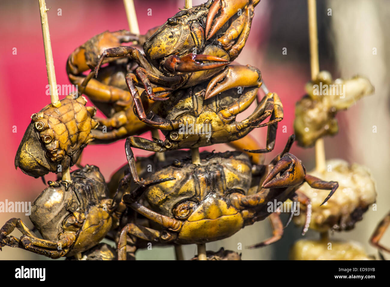 Jan. 2, 2015 - Smoked crabs are on display in a traditional food stall during the inaugural day of the 5th Disang-Brahmaputra festival at Disangmukh in Sivasagar district of northeastern Assam state on January 2, 2015. Somoked meats are delicacy among tribal communities of the Assam state. © Luit Chaliha/ZUMA Wire/ZUMAPRESS.com/Alamy Live News Stock Photo