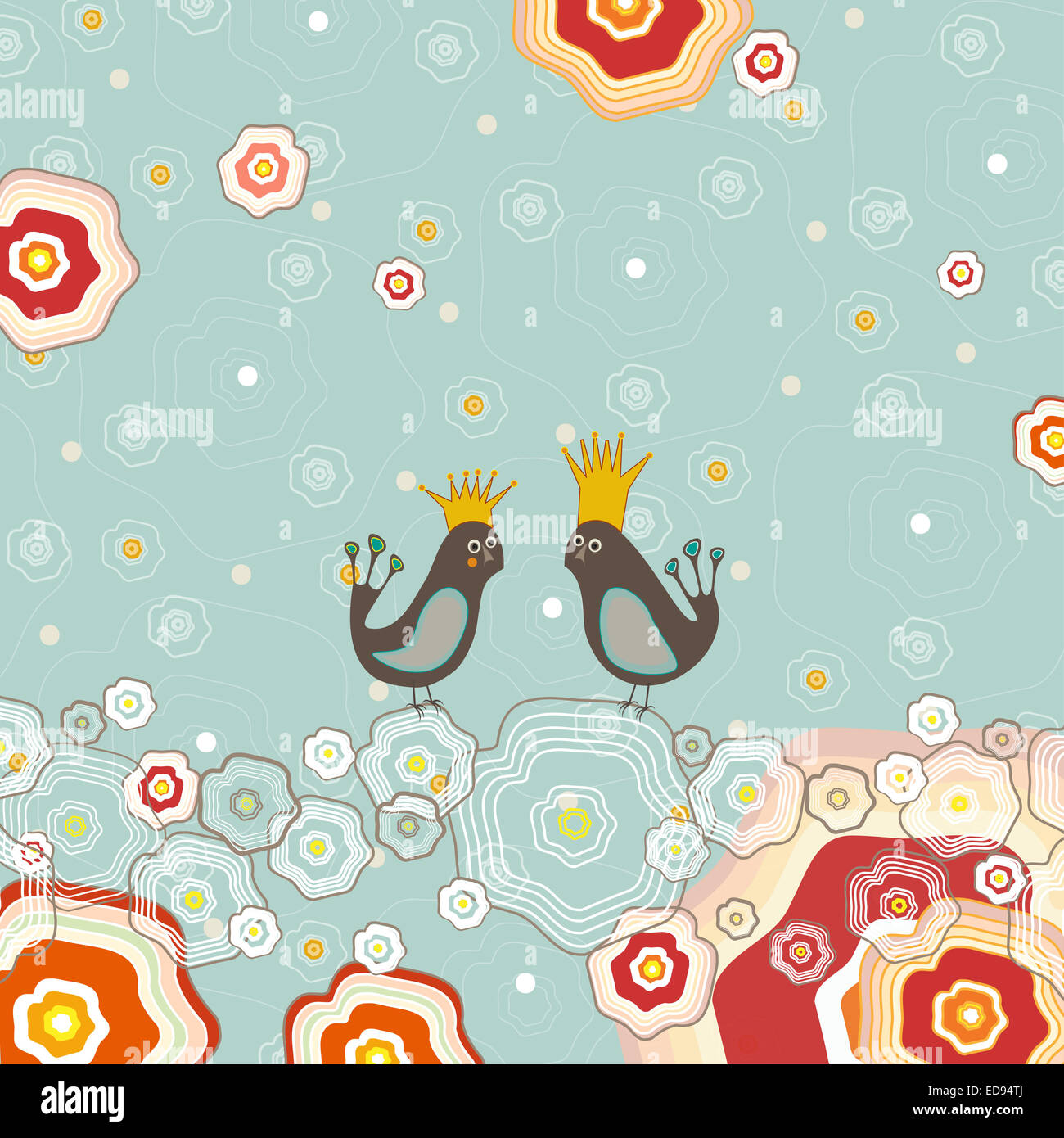 Vector illustration with birds on flowers background Stock Photo - Alamy