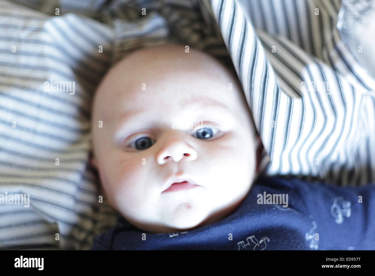 baby boy with blue eyes laying on a bed Stock Photo