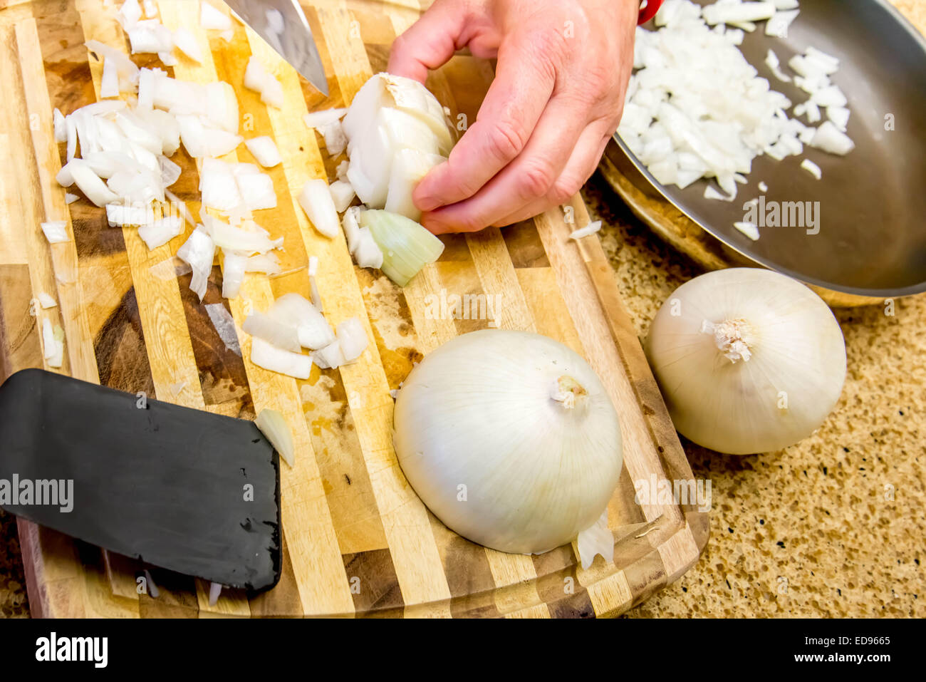 Cook chopping a white onion on a cutting board Stock Photo - Alamy