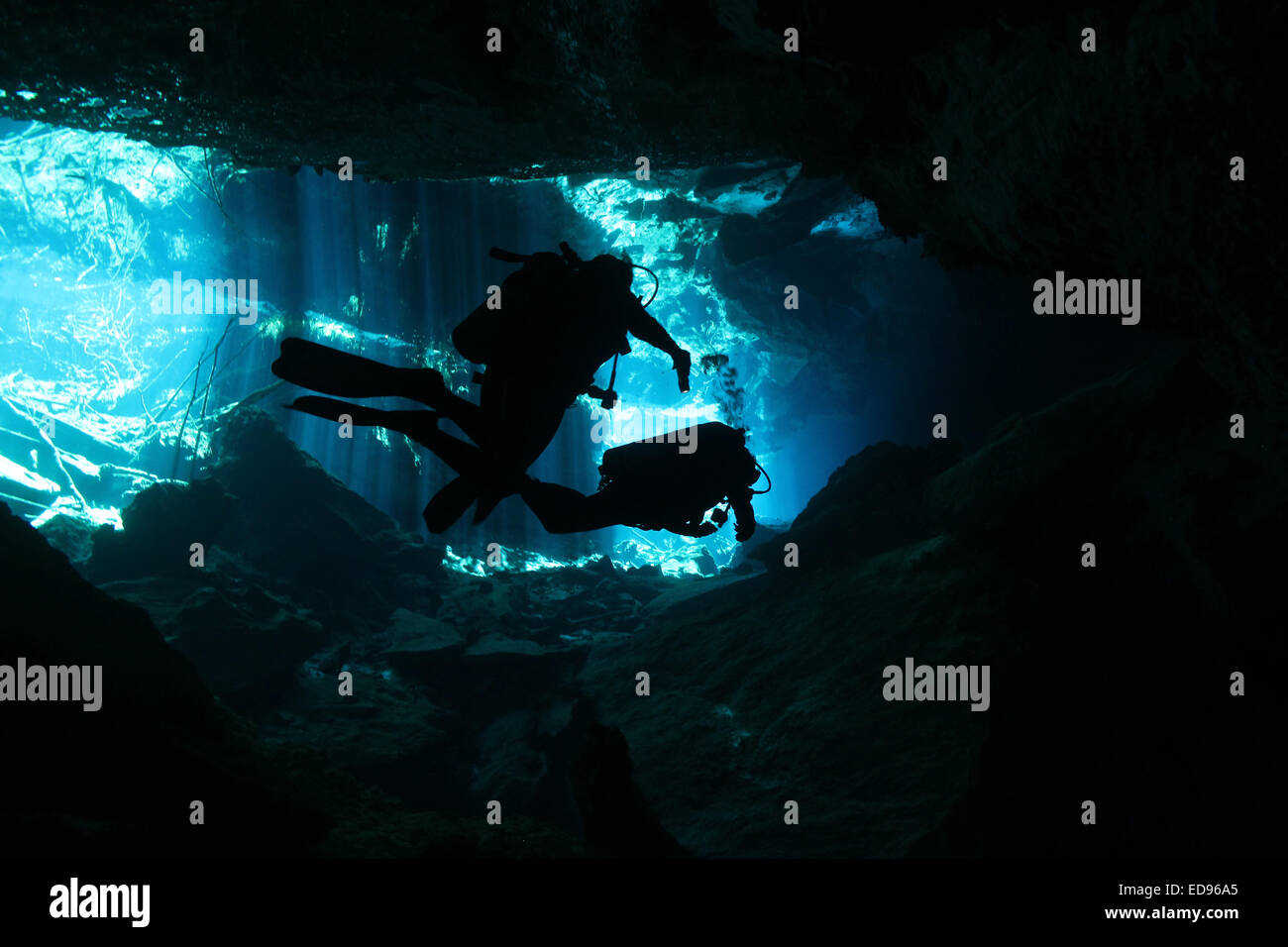 Divers in Chacmool Cenote, Playa del Carmen, Mexico Stock Photo
