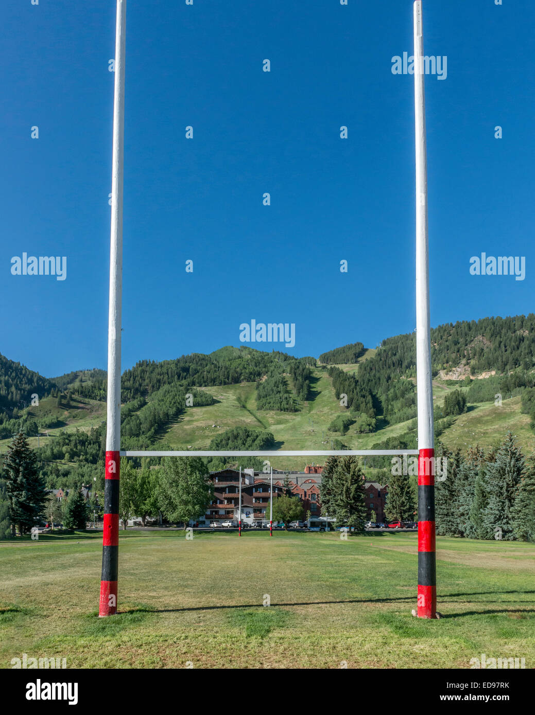 Rugby Union field and posts. Aspen. Colorado. USA Stock Photo