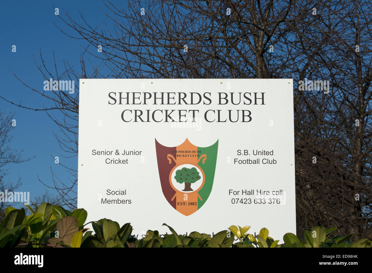 sign for shepherds bush cricket club, and shepherds bush united football club, east acton, london, england Stock Photo