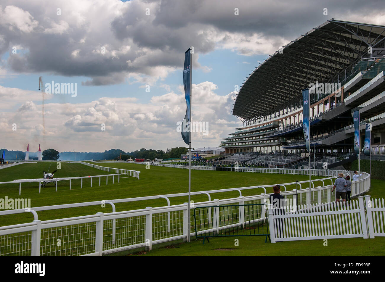 The UK round of the 2014 Red Bull Air Race series was held at Royal Ascot Racecourse, Berkshire, UK. Granstand, track and fences. Space for copy Stock Photo