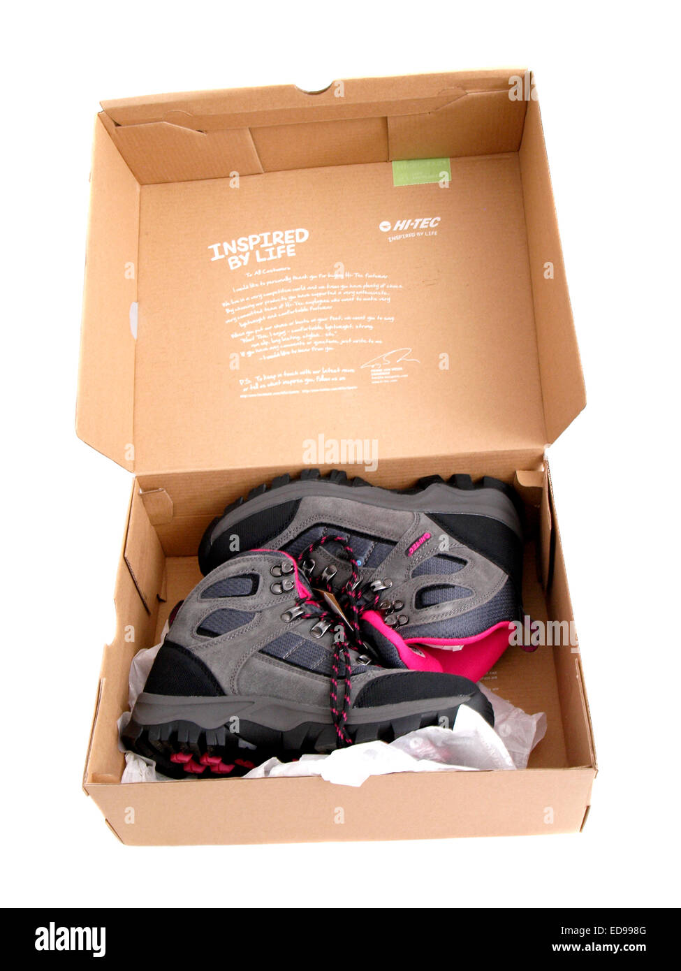 New hiking boots in box. Stock Photo