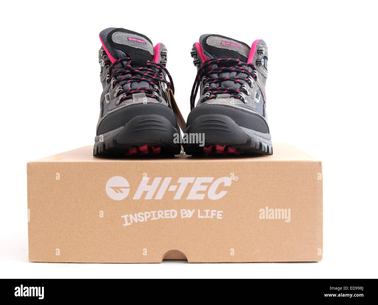 New woman's Hi-Tec hiking boots on box. Stock Photo
