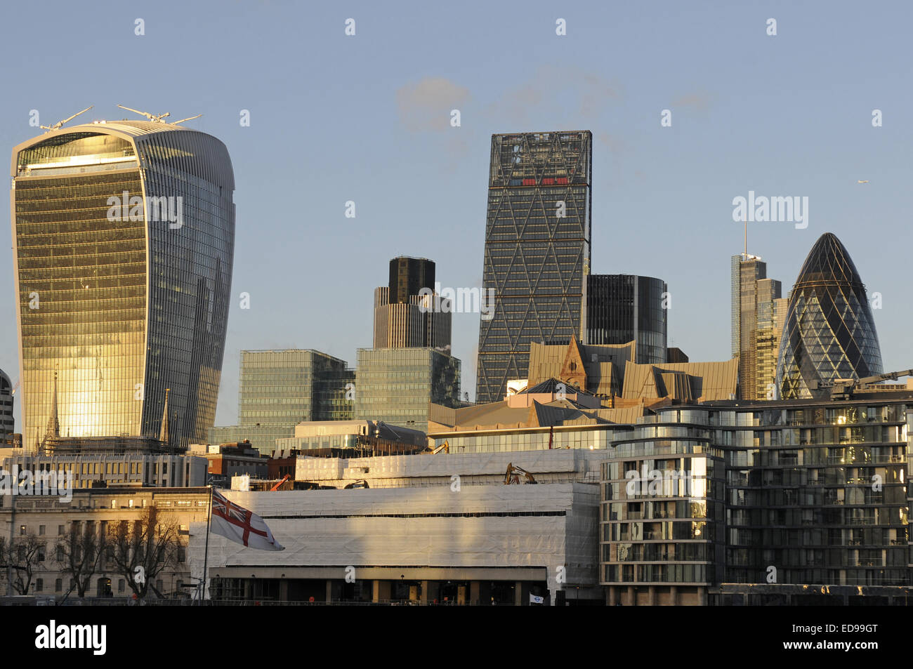 The Modern skyline of the City of London with The Walkie Talkie Building, The Gherkin, The Cheesegrater at sundown London Stock Photo