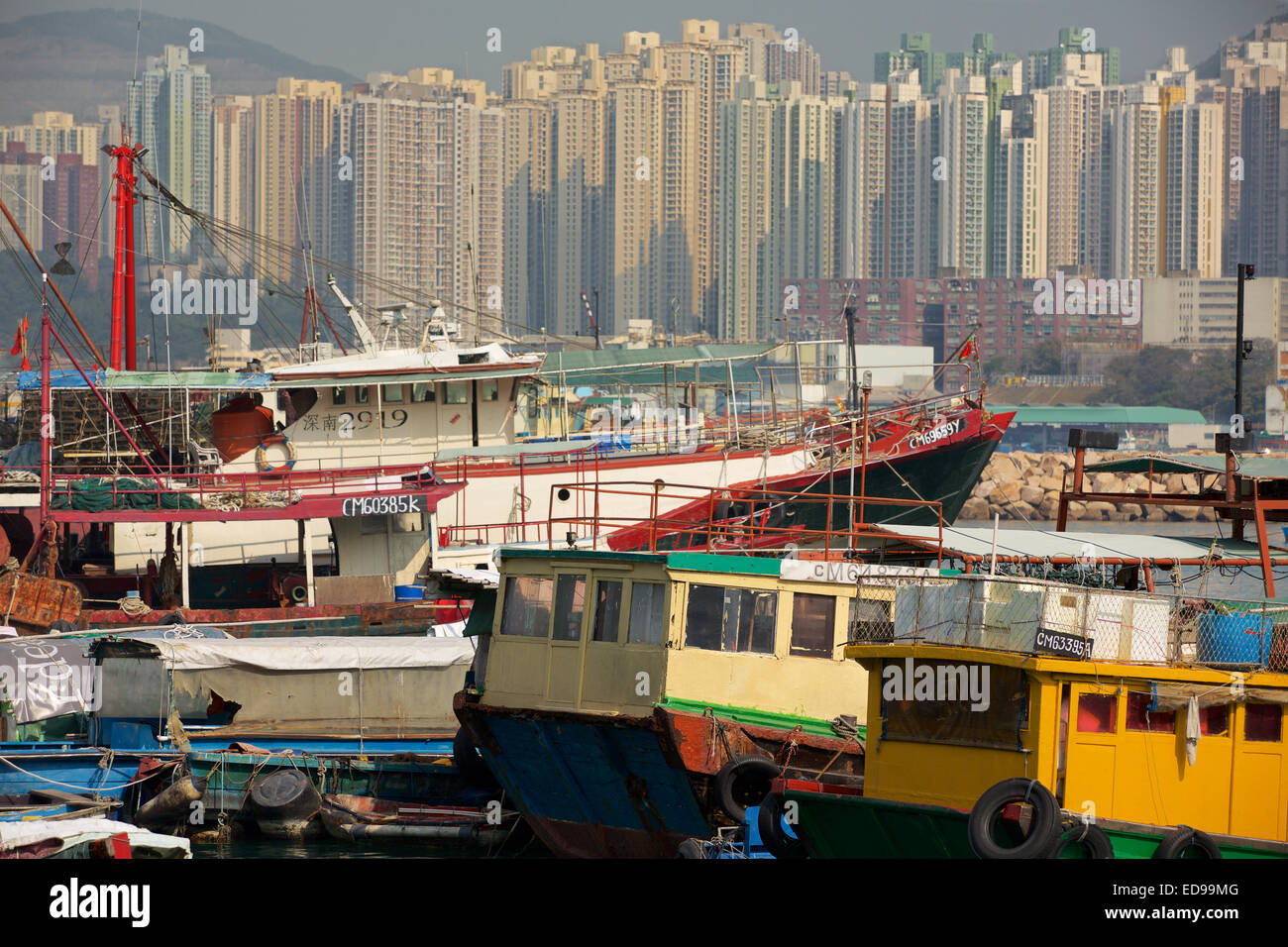 Crowded bay Hong Kong HK. Collection of assorted boats crammed into a small space. The land behind is also very developed Stock Photo
