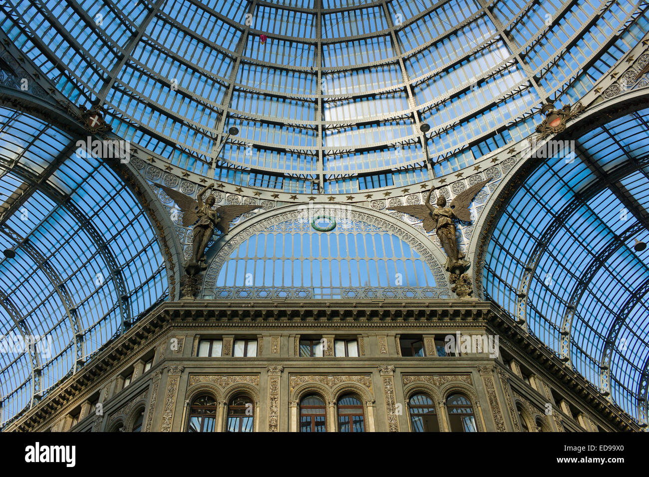 The glass and metal ribbed roof of the Galleria Umberto I in Naples