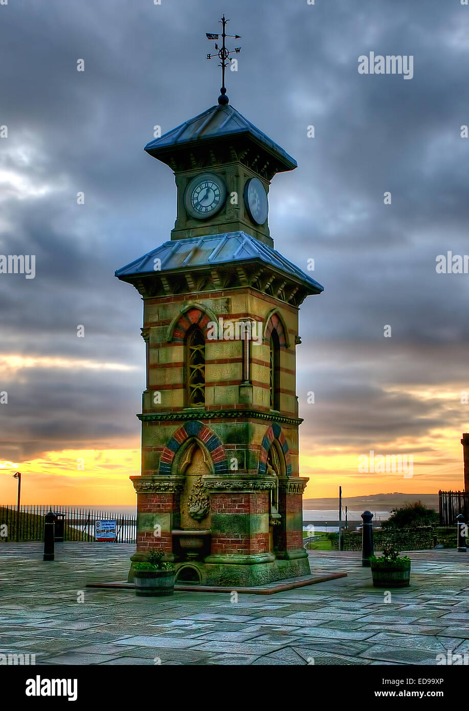 The clock tower at Thnemouth, Tyne and Wear at sunrise. Stock Photo