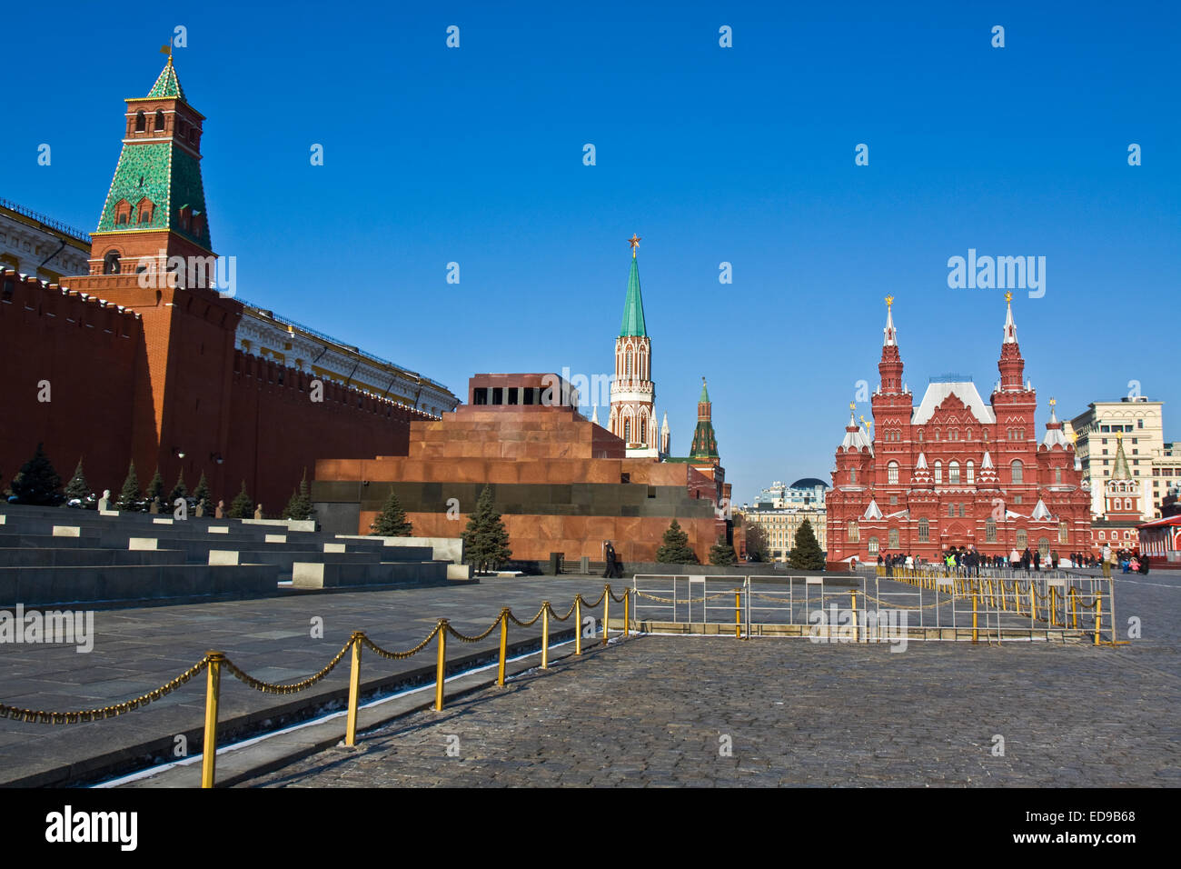 Moscow, Russia - March 10, 2012: Red square, Kremlin, Lenin's mausoleum and Historical museum. Stock Photo